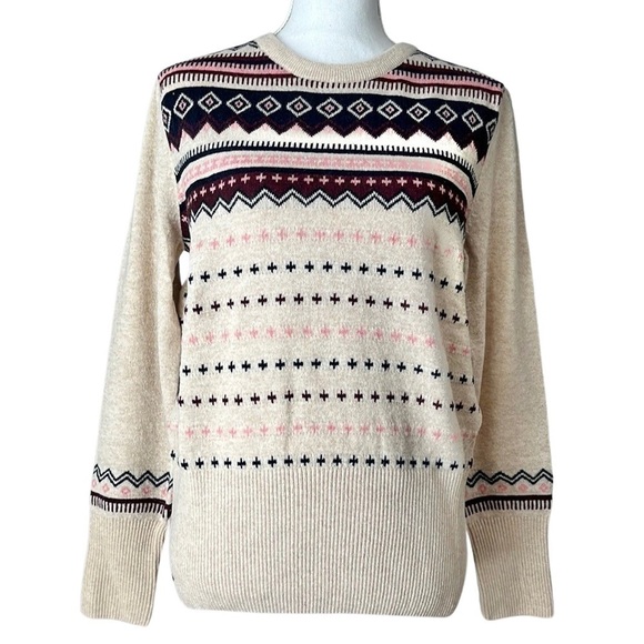 Barbour Birch Knit Fair Isle Wool Sweater Size 14 Oatmeal Cabincore Nordic NEW - Picture 1 of 7